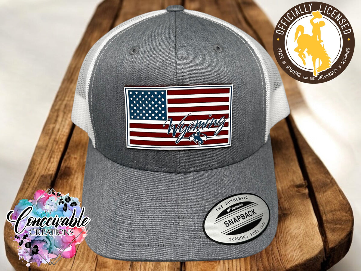 Wyoming US Flag Red, White and Blue Acrylic_Heather Grey/White Trucker Hat